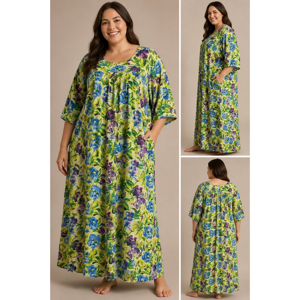 Serenada Women 4X Muu Muu Nightgown Floral Lime Green Rayon Caftan Dress 30/32